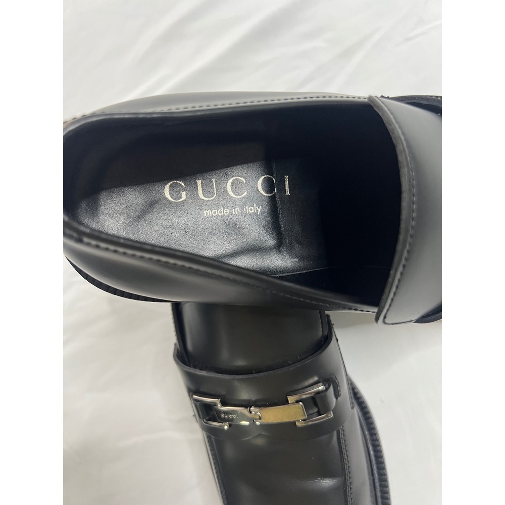 Vintage Gucci Mens Black Leather Loafers Dress Shoes Silver Buckle Italy Size 11 - Picture 5 of 9
